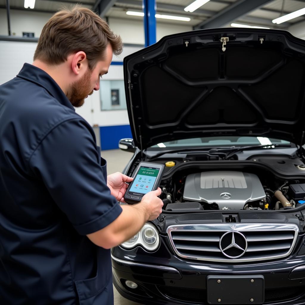 Mechanic Diagnosing a Mercedes C230 Using an OBD2 Scanner