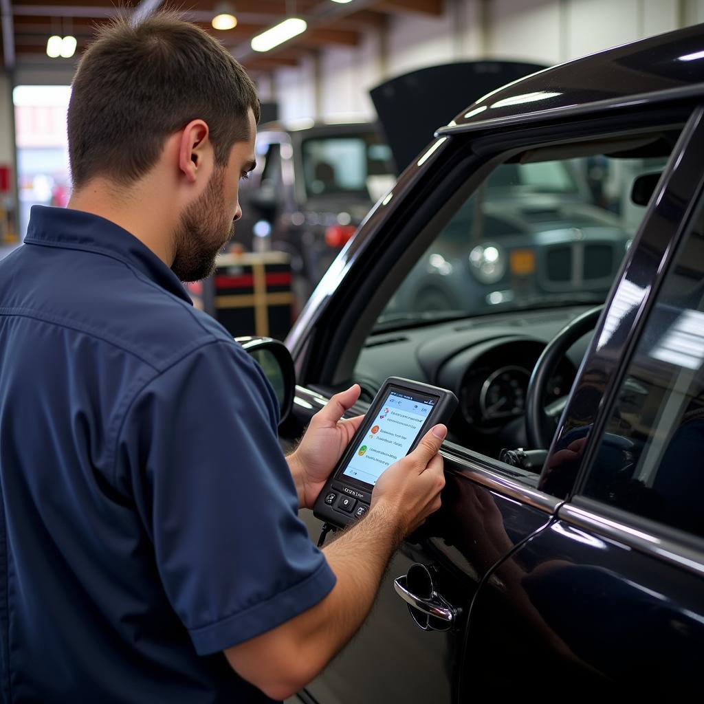 Mechanic Using OBD2 Scanner on a Mini Cooper