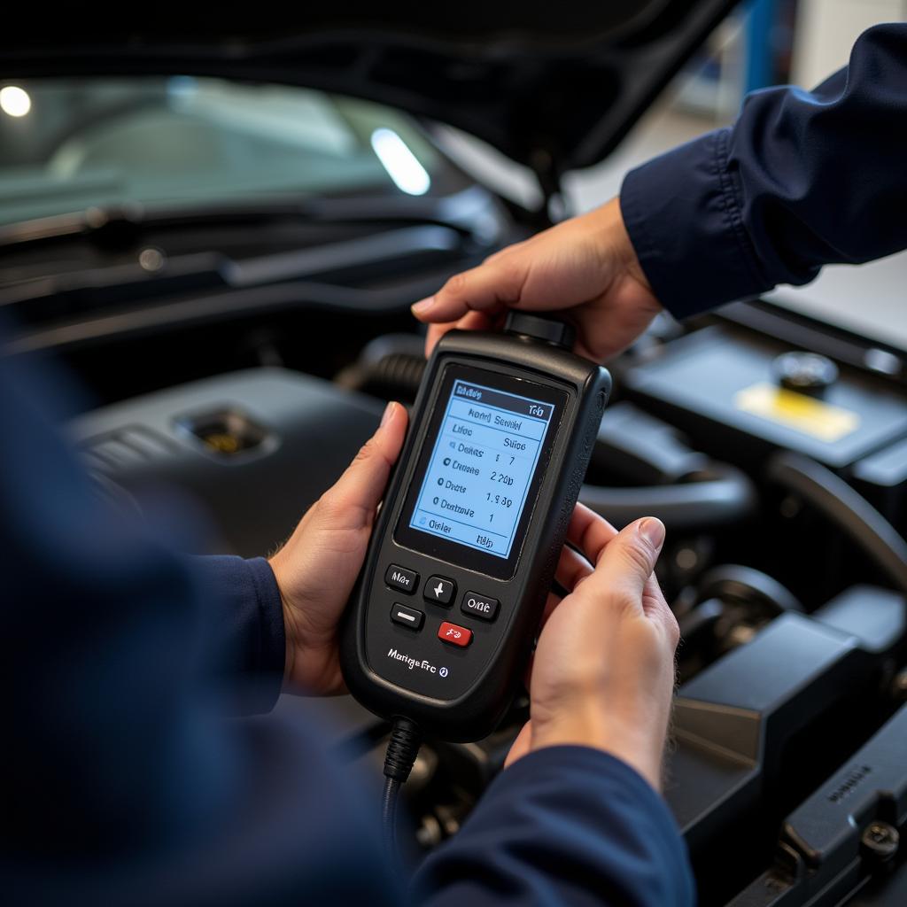 Mechanic Diagnosing Misfire with OBD2 Scanner