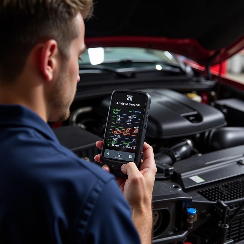 Mechanic Diagnosing a Mopar Engine Using an OBD2 Scanner