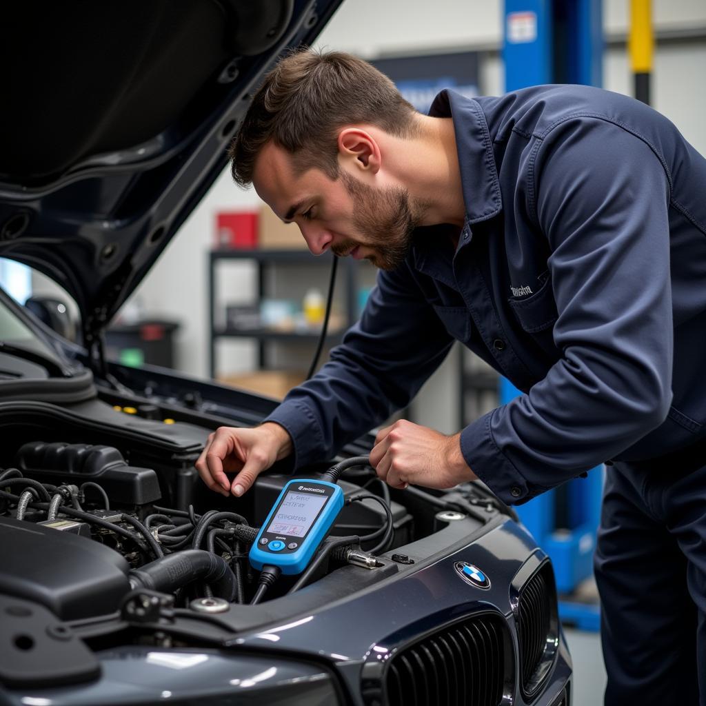 Mechanic diagnosing an N52 engine with an OBD2 scanner