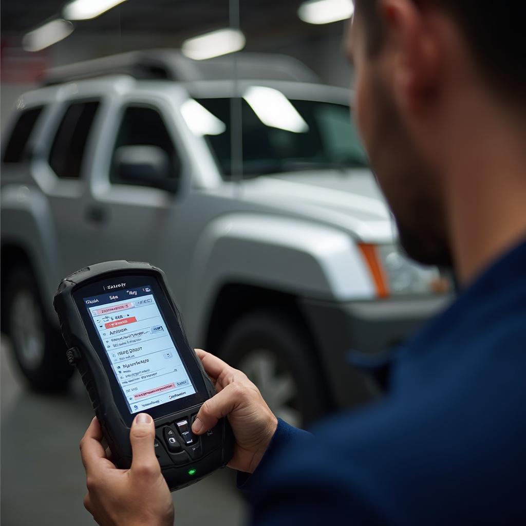 Mechanic Diagnosing an OBD2 Error on a Nissan Xterra