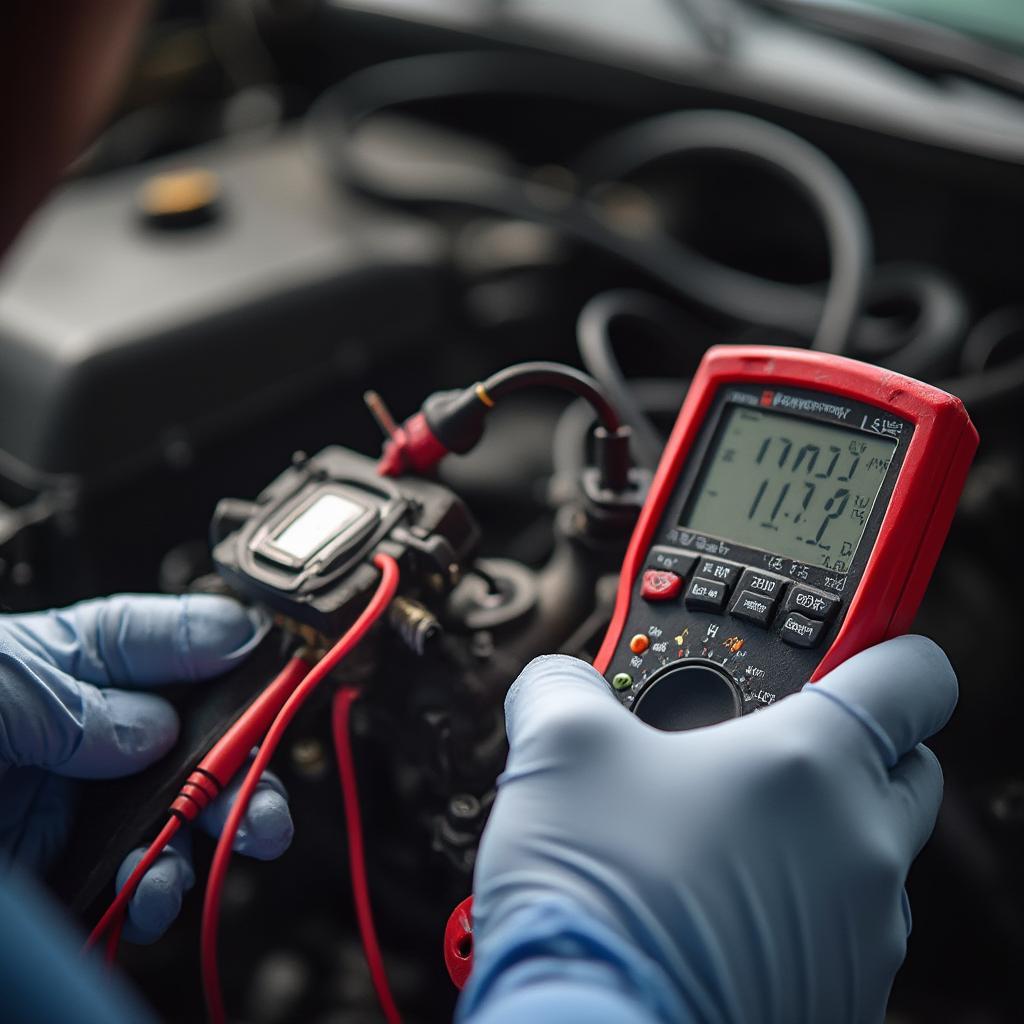 Mechanic Diagnosing OBD2 Code 0073 Using a Multimeter