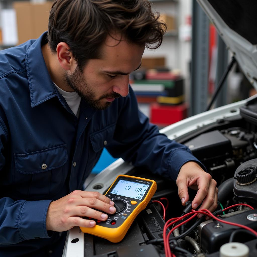 A mechanic using a multimeter to test the camshaft position sensor on a car engine.