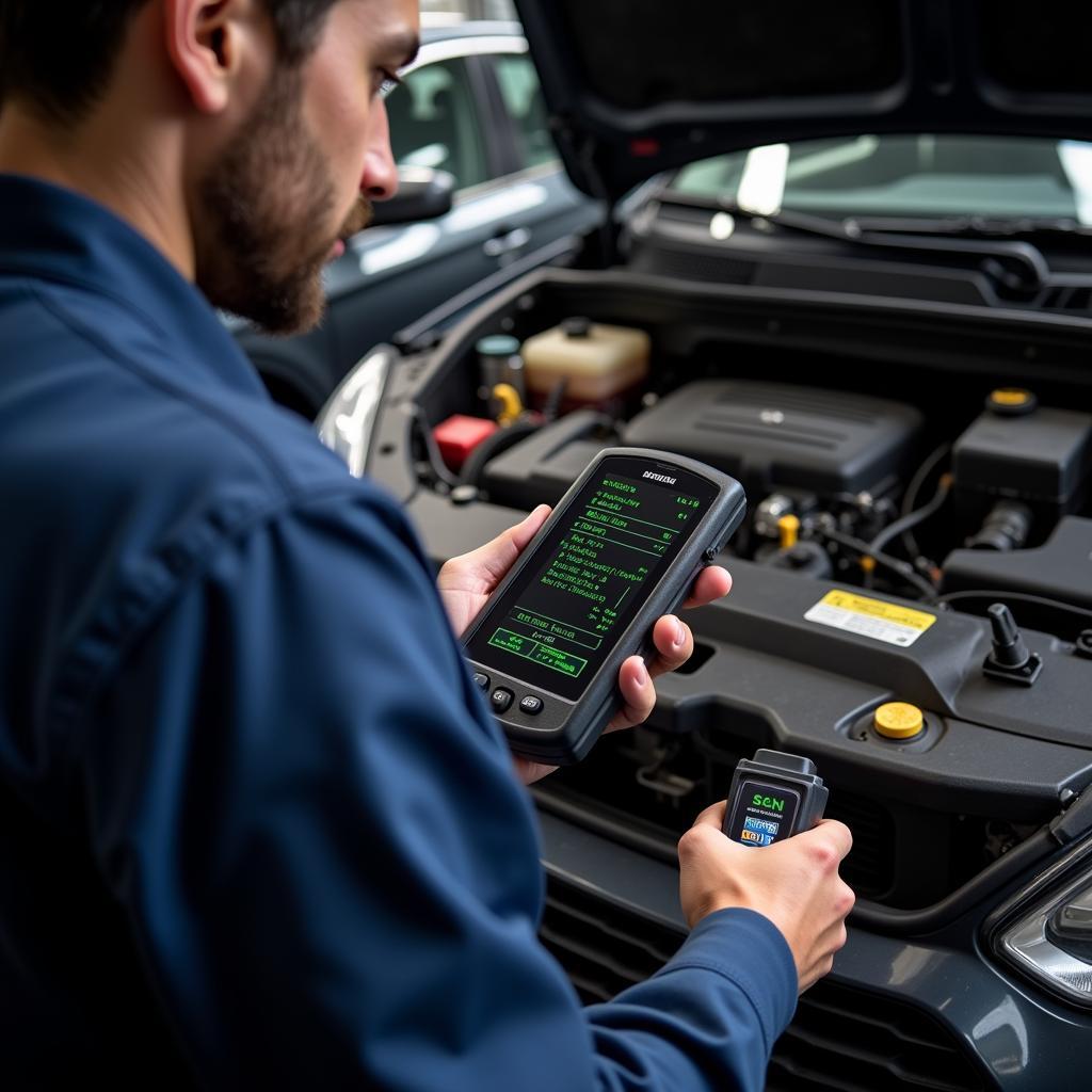 Mechanic Diagnosing OBD2 Codes Using a Scanner