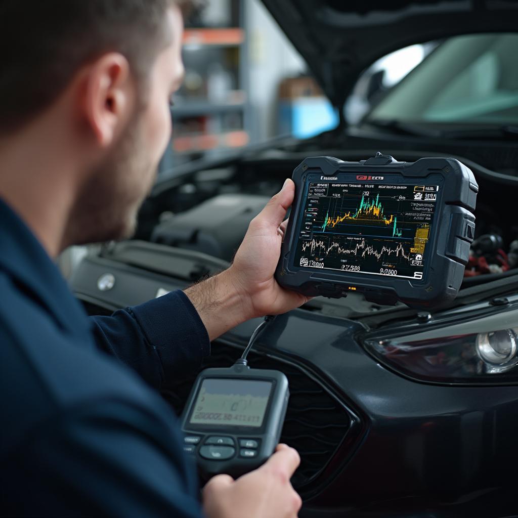 Mechanic Diagnosing Car with OBD2 Scanner