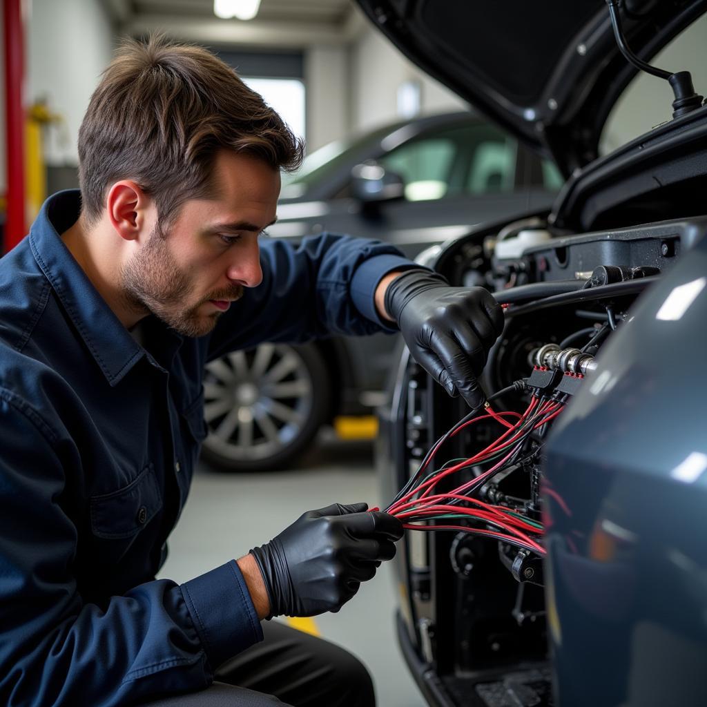 Mechanic inspecting car wiring for OBD2 Y CAN problems