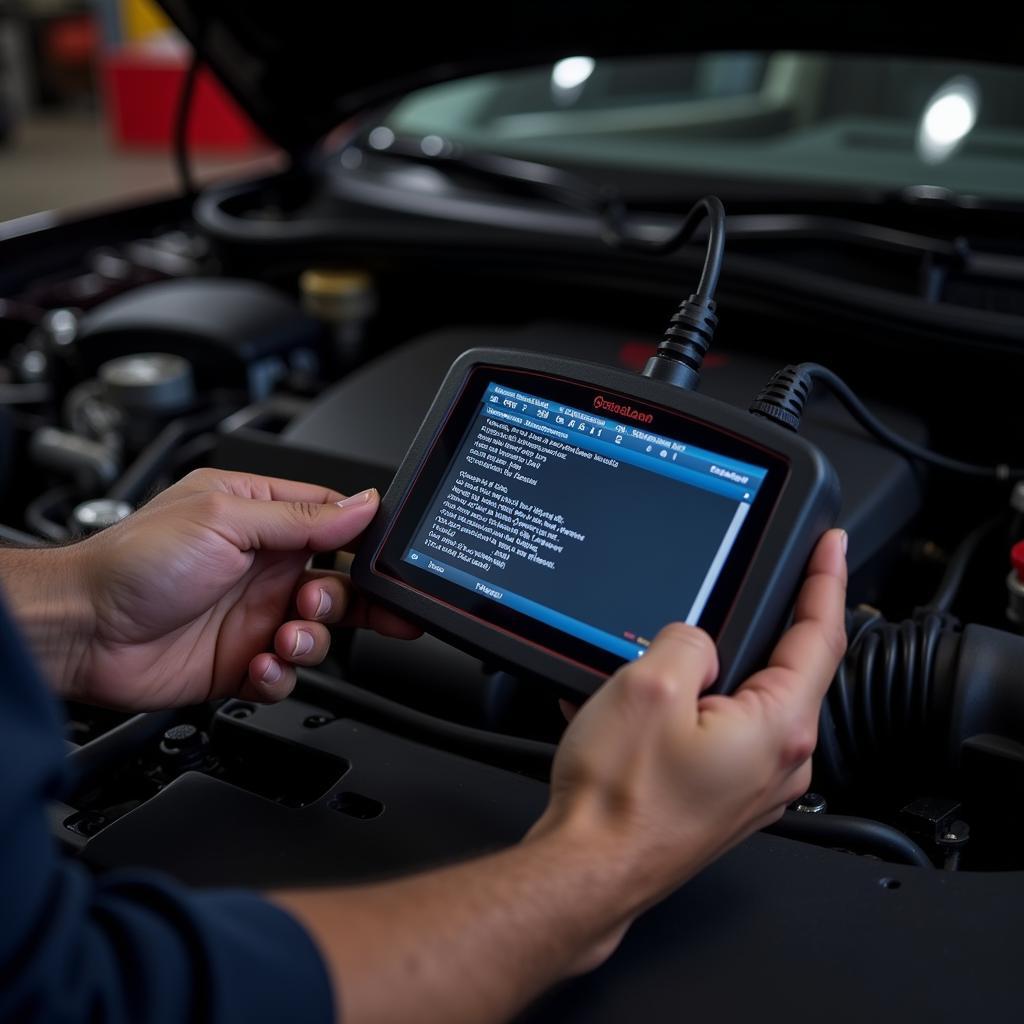 Mechanic Diagnosing P0019 Code with OBD2 Scanner