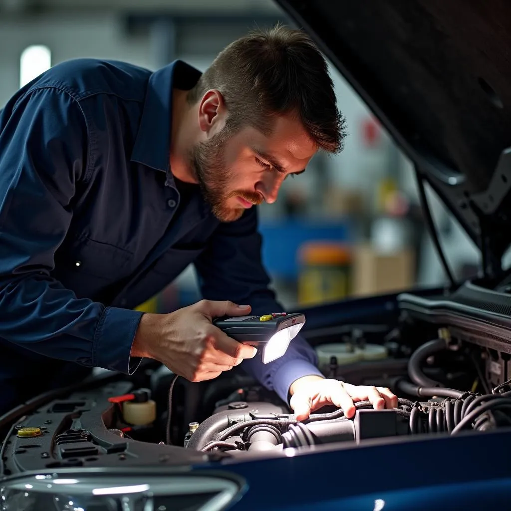 Mechanic inspecting engine bay for P0129 code