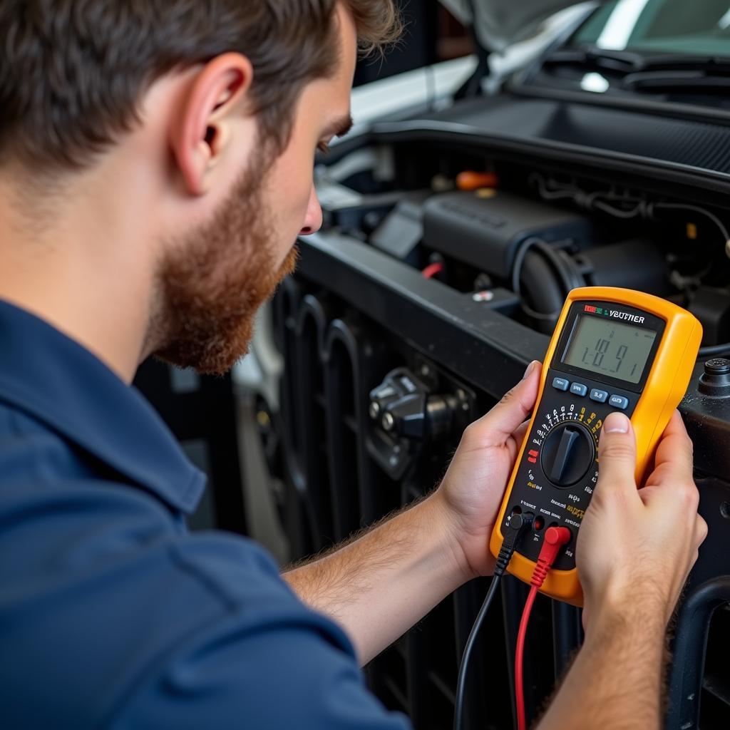 Mechanic using a multimeter to test the battery voltage of a car.