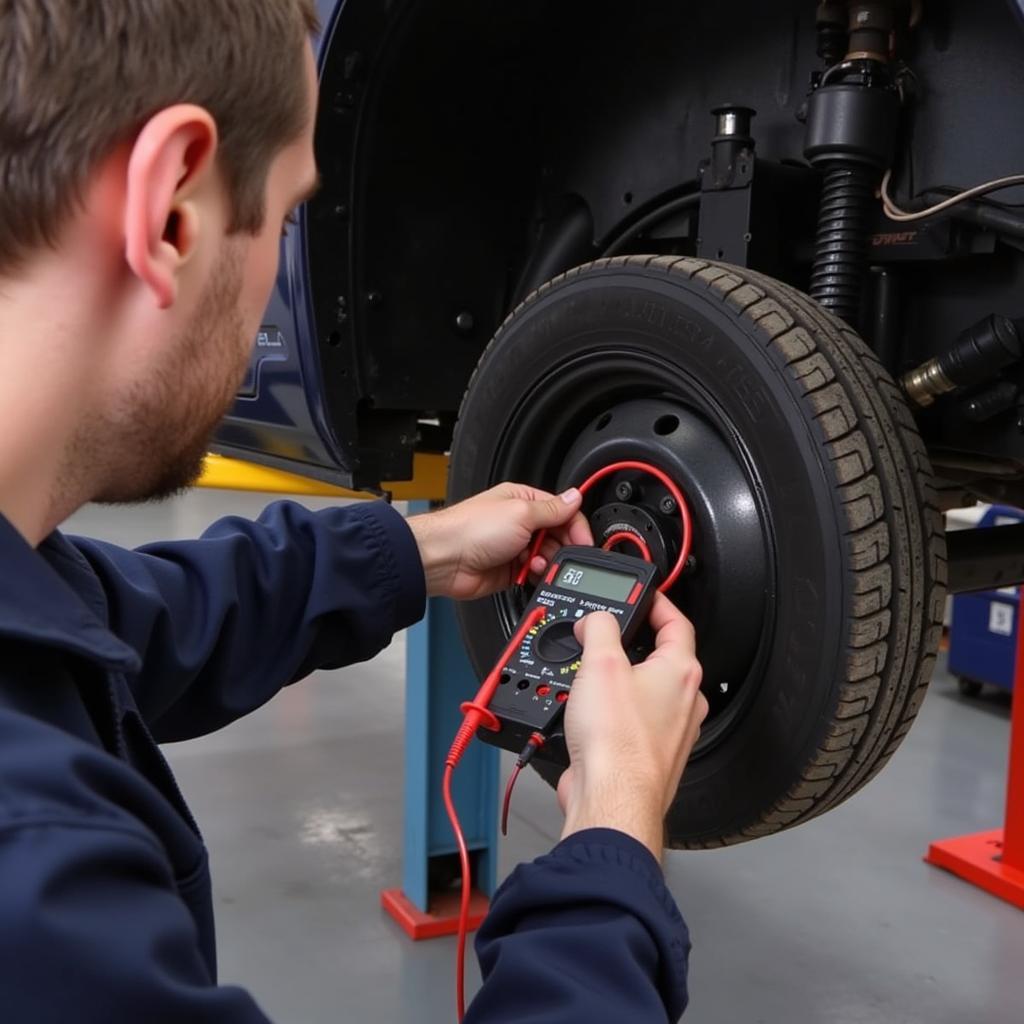 Mechanic inspecting EVAP system for P1443 code diagnosis.