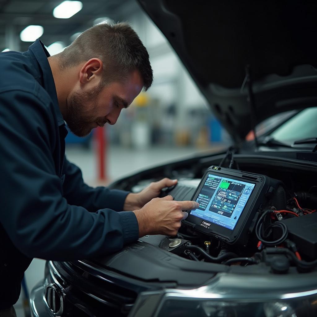 Mechanic using a diagnostic tool to diagnose the P2196 code