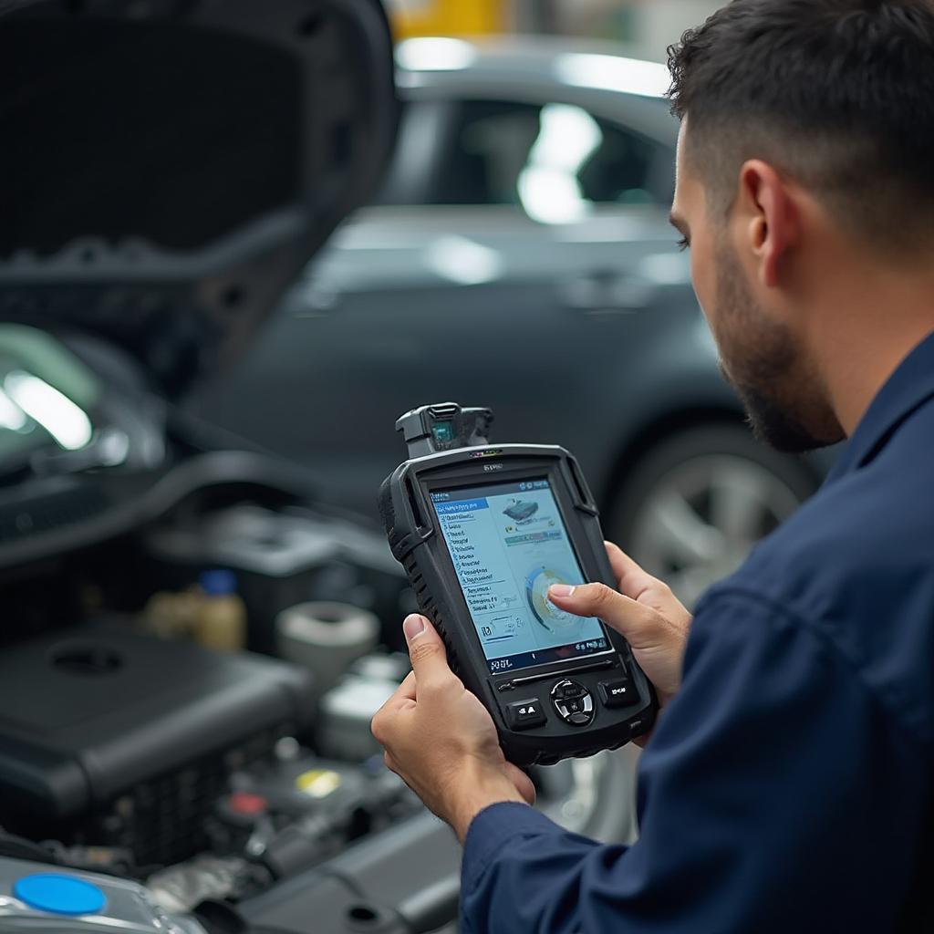 Mechanic Diagnosing Peugeot 308 with OBD2 Scanner