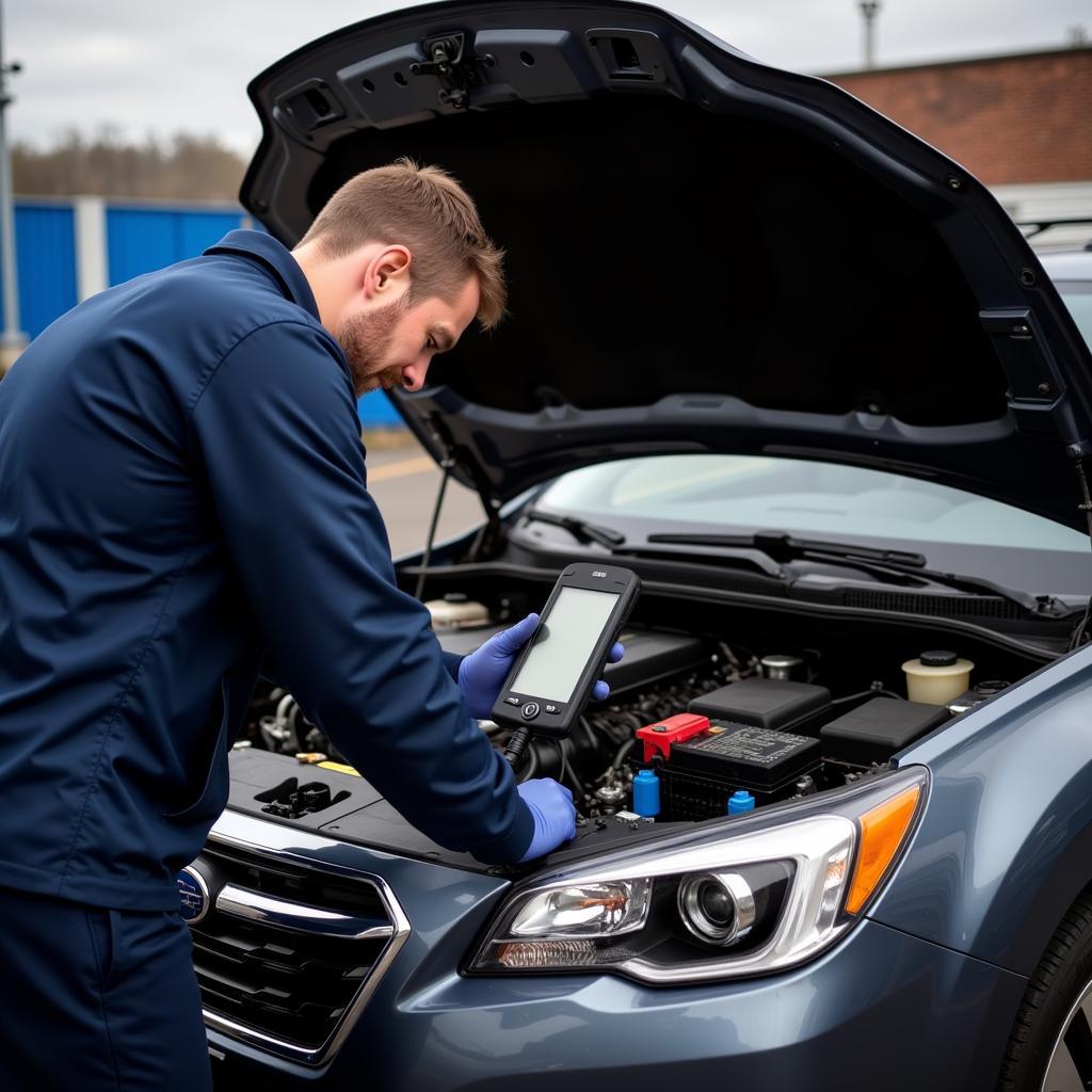 Mechanic Diagnosing a Subaru Outback Engine