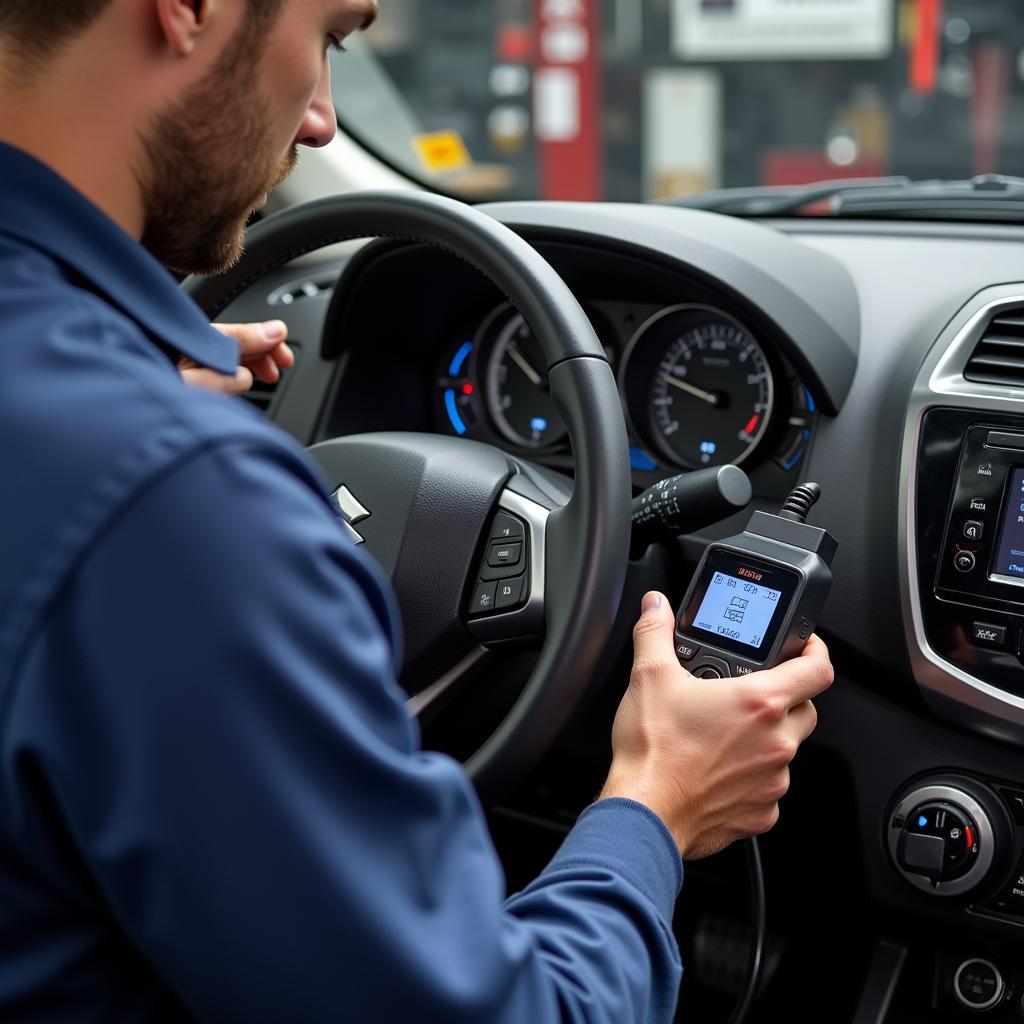 Mechanic Using OBD2 Scanner on Suzuki