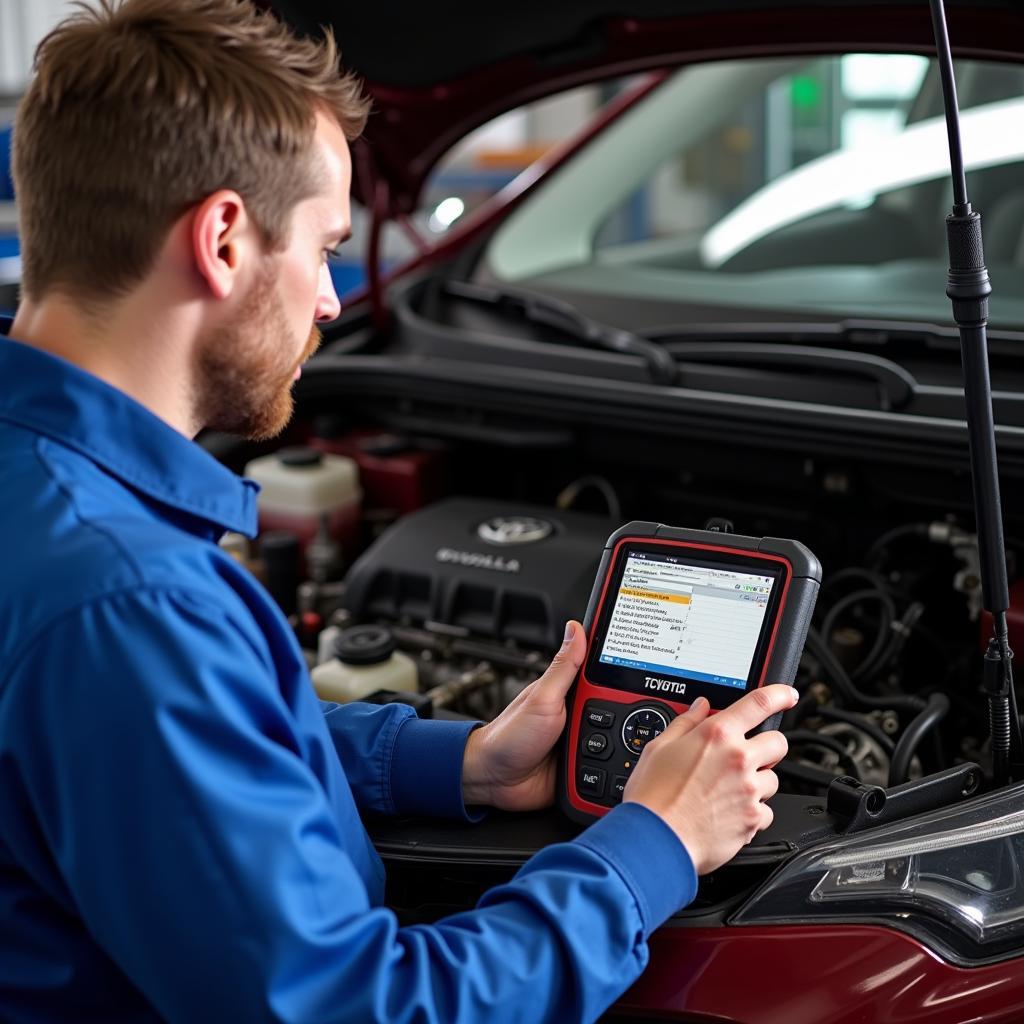 Mechanic Diagnosing Toyota Corolla 2016 with OBD2 Scanner