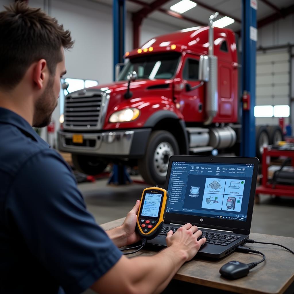 Mechanic Using OBD2 Scanner on a Truck