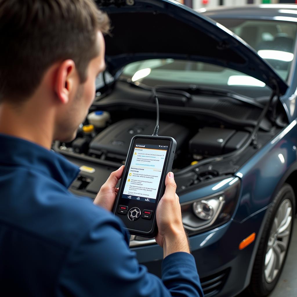 Mechanic Diagnosing a VW Passat B7 Using an OBD2 Scanner and Other Tools