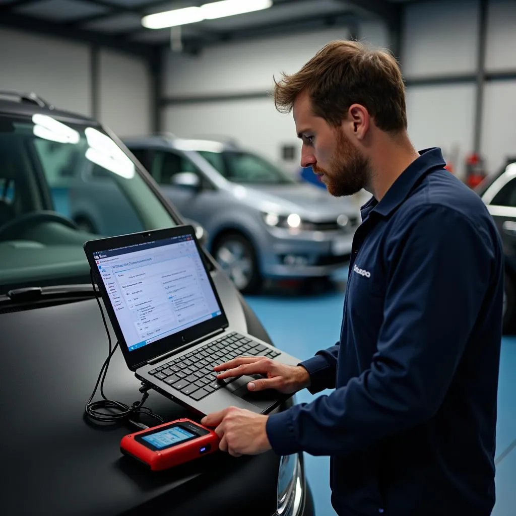 Mechanic Analyzing Diagnostic Data on a VW Touran