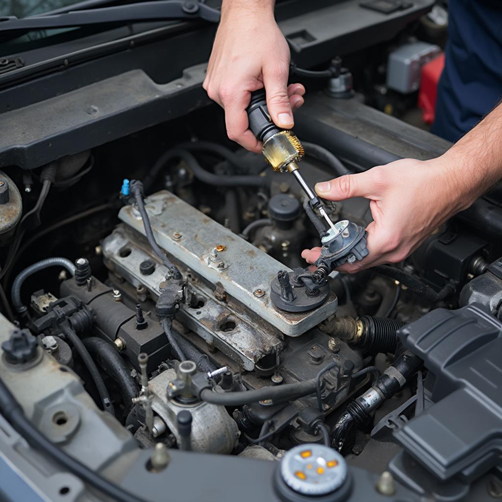 Mechanic Fixing Car Engine Issue