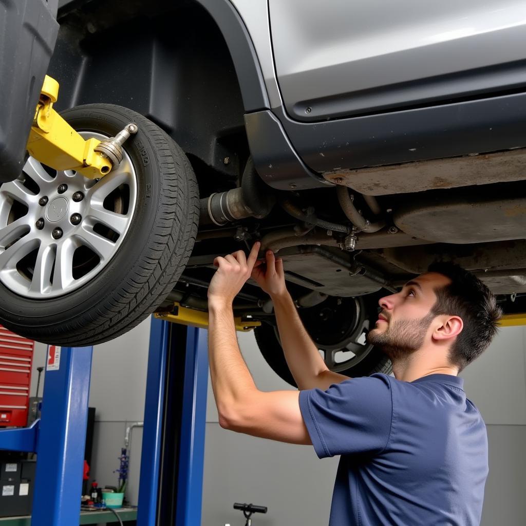 Mechanic repairing EVAP system on a car lift