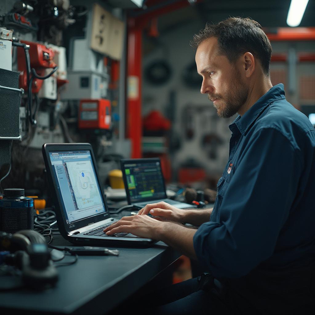 A Dutch mechanic in a well-equipped garage uses OBD2 software on a laptop to diagnose a car.