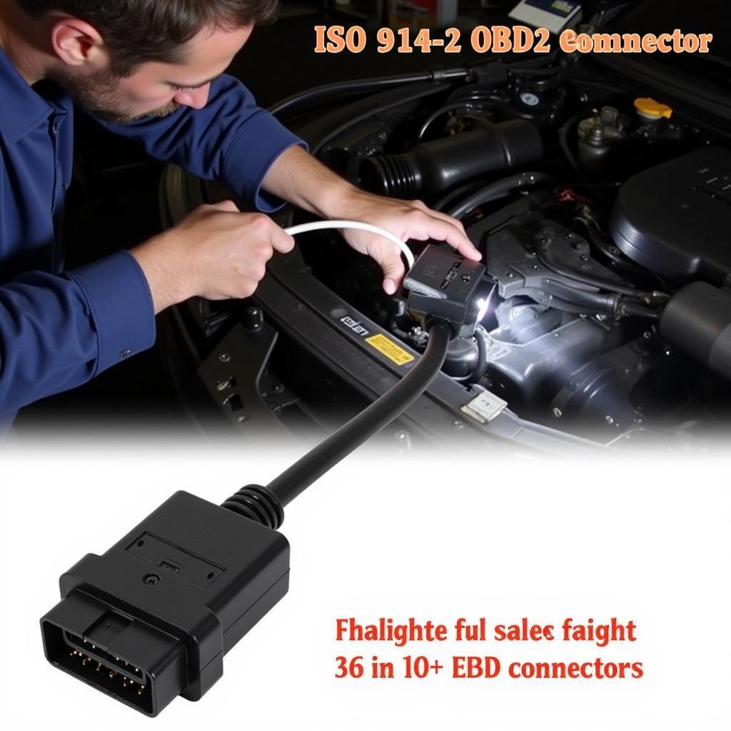 A mechanic using a flashlight to carefully inspect the 16-pin ISO 9141-2 OBD2 connector for any signs of damage or loose connections.