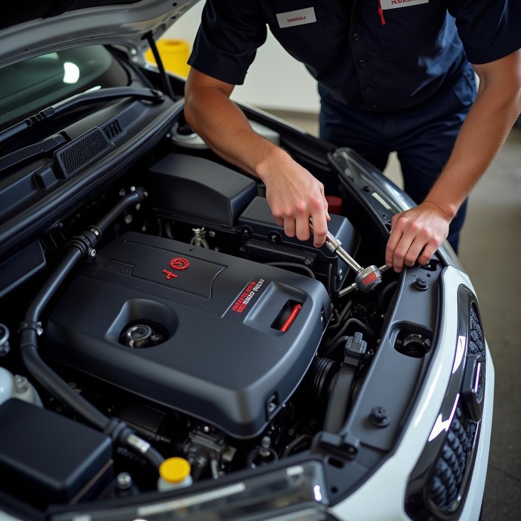 Mechanic inspecting the engine bay of a 2016 Subaru STI