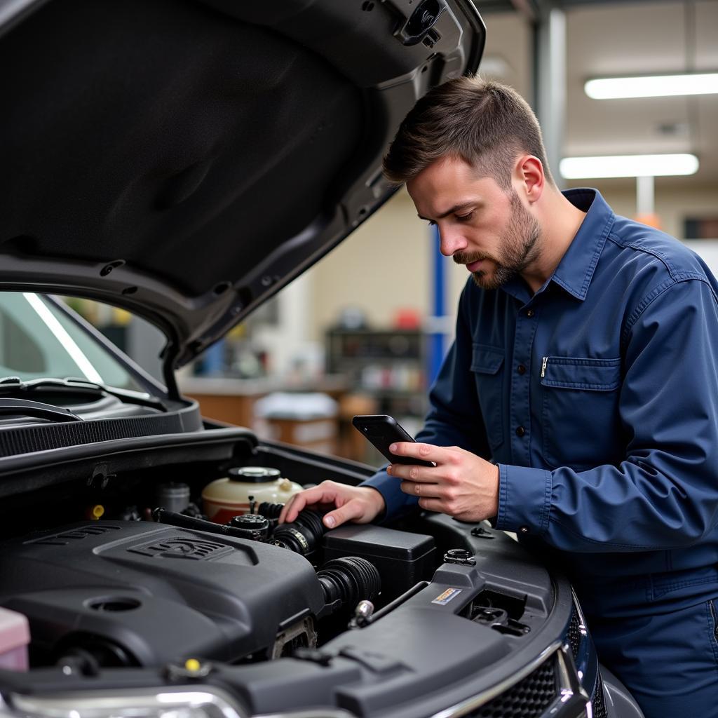 Mechanic inspecting the engine of a 2018 Dodge Journey