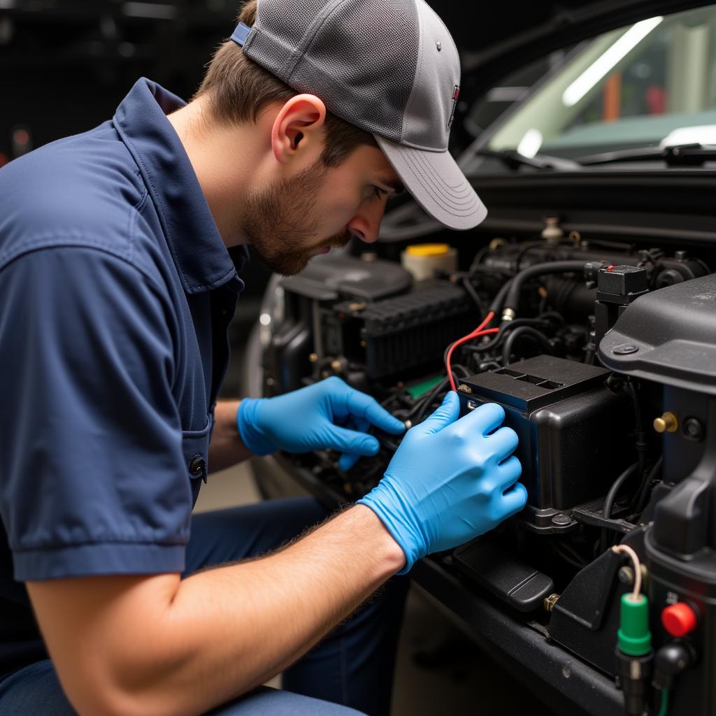 Mechanic Inspecting BCM Wiring Harness