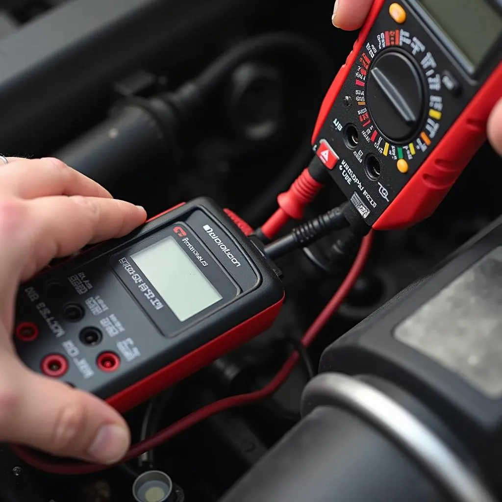 Mechanic Inspecting Camshaft Position Sensor With Multimeter