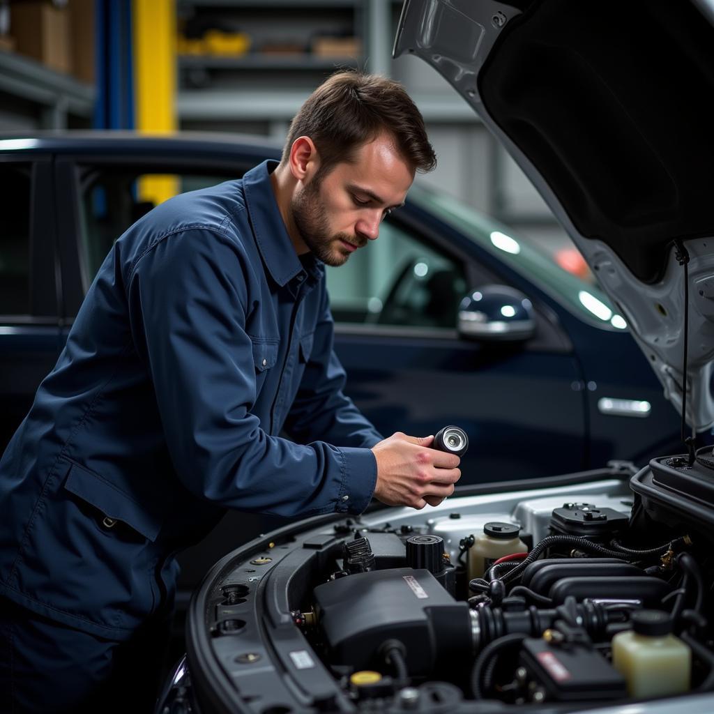 Mechanic inspecting the engine bay of a vehicle