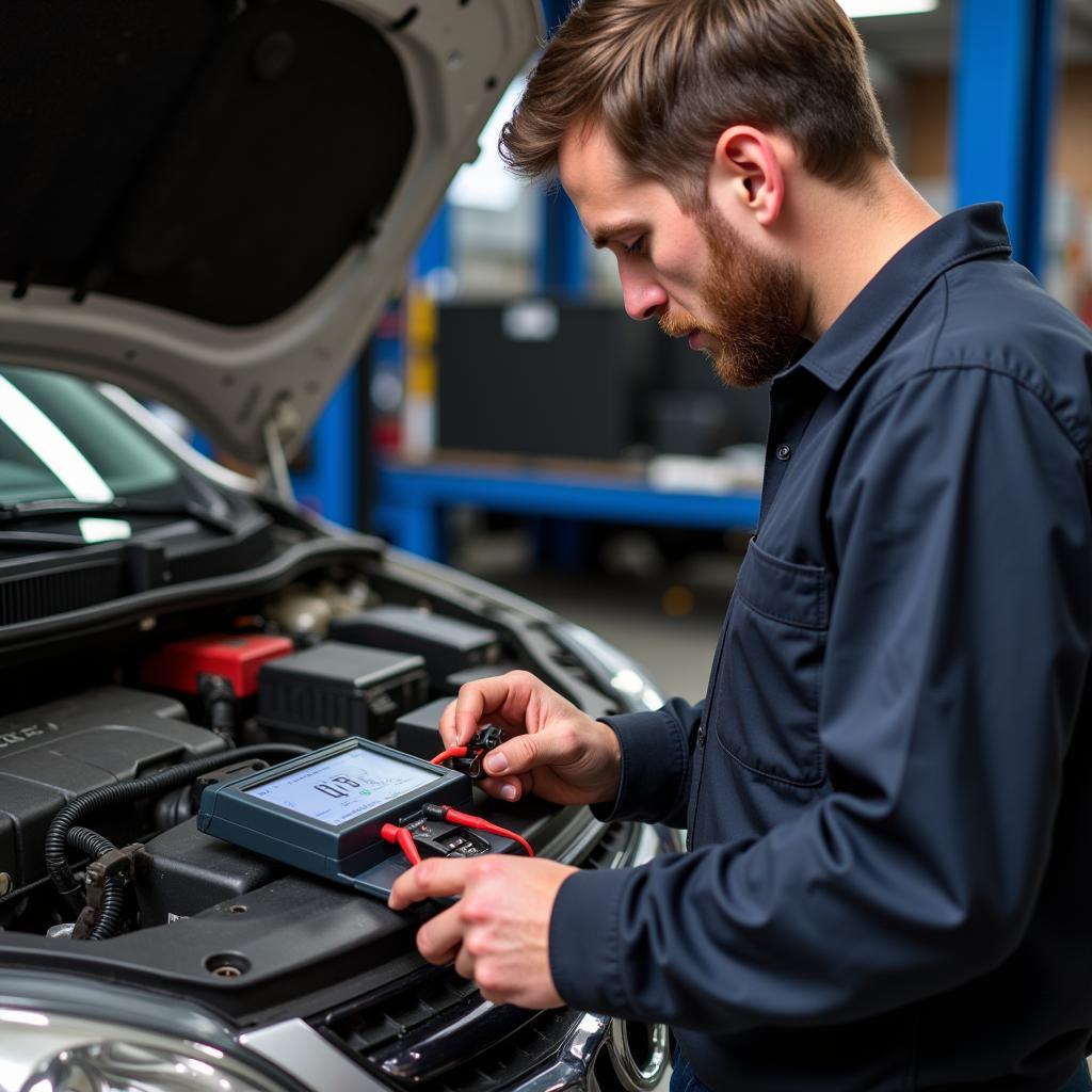 Mechanic Inspecting Car Battery