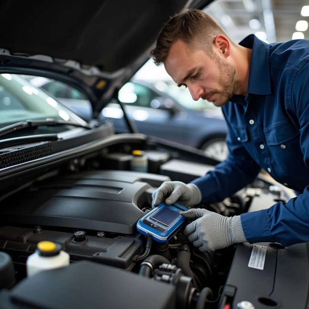 Mechanic inspecting a car engine for maintenance