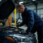 A mechanic inspecting a car engine