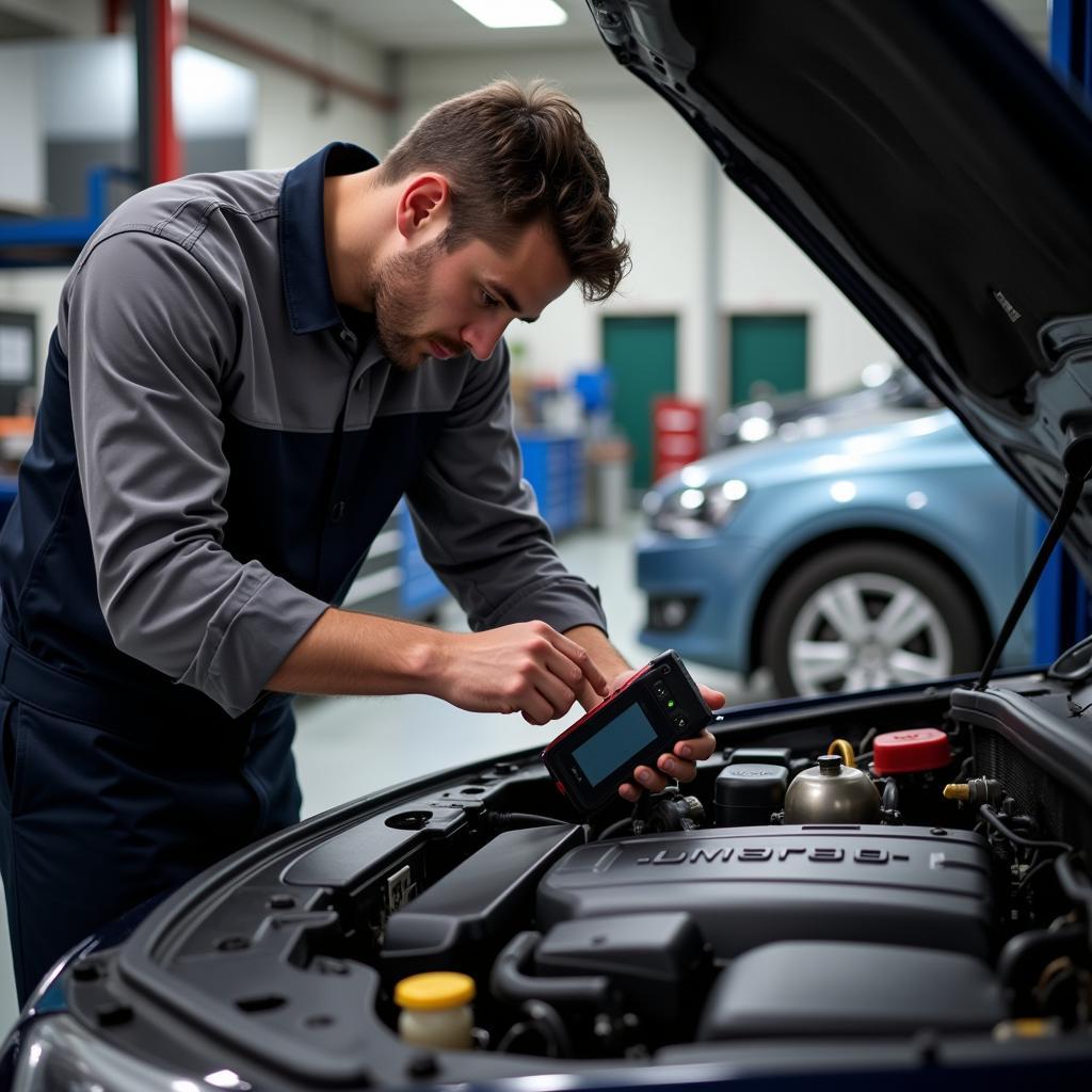 Mechanic inspecting a car engine with a diagnostic tool