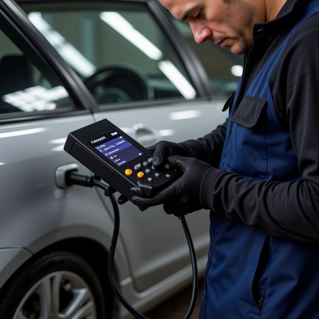 Mechanic Using OBD2 Scanner on a Car with Haltech ECU