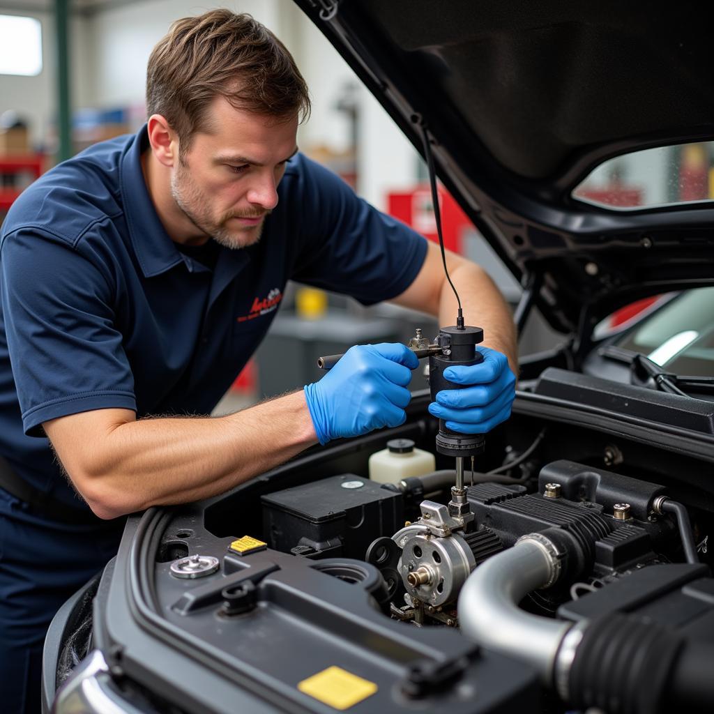 Mechanic Diagnosing PO171 in a Chevy Engine Bay