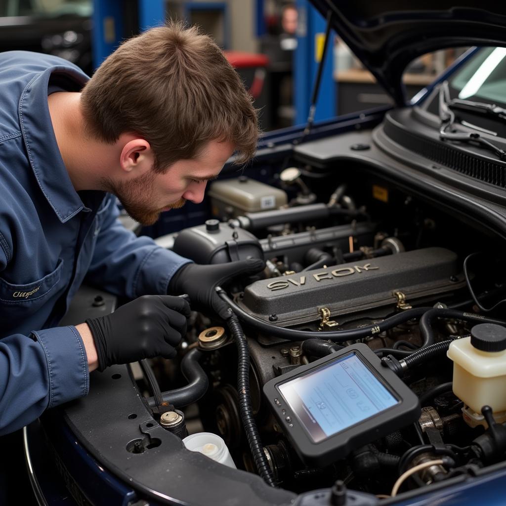 Mechanic Inspecting a Chrysler Engine for P0304 Code Issues