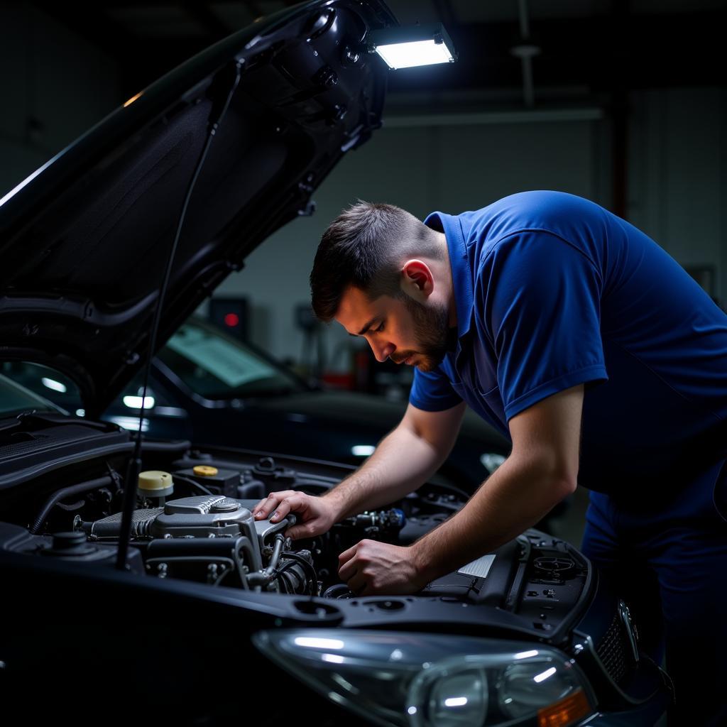 Mechanic inspecting a car engine with a high DTC_CNT