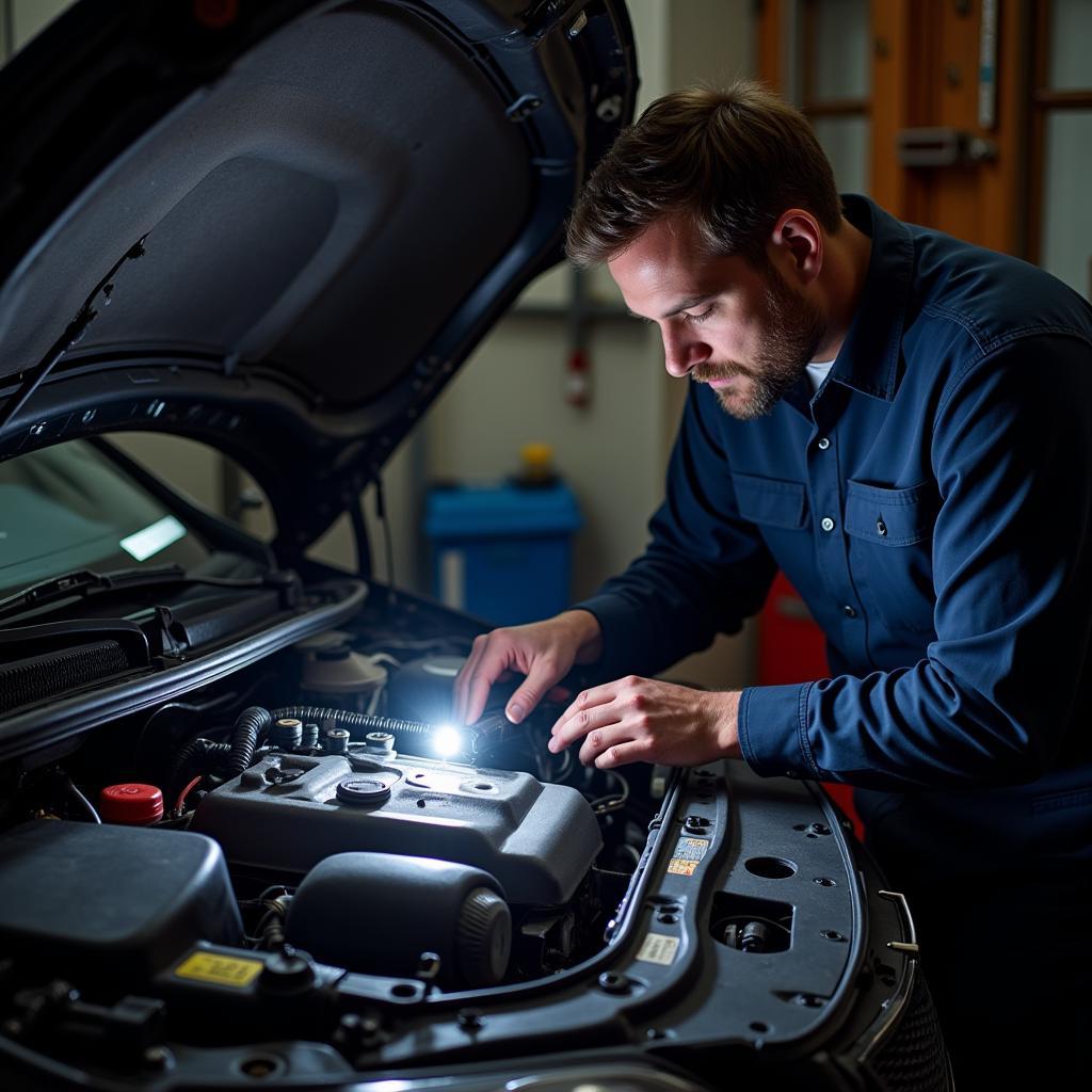 A mechanic inspects a Chrysler engine for problems related to an OBD2 code.