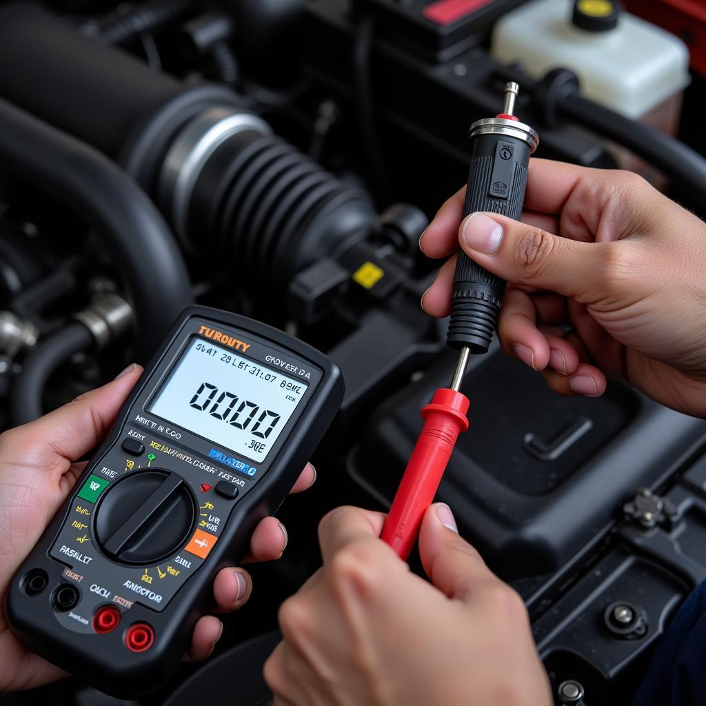 Mechanic Diagnosing ECT Sensor with Multimeter