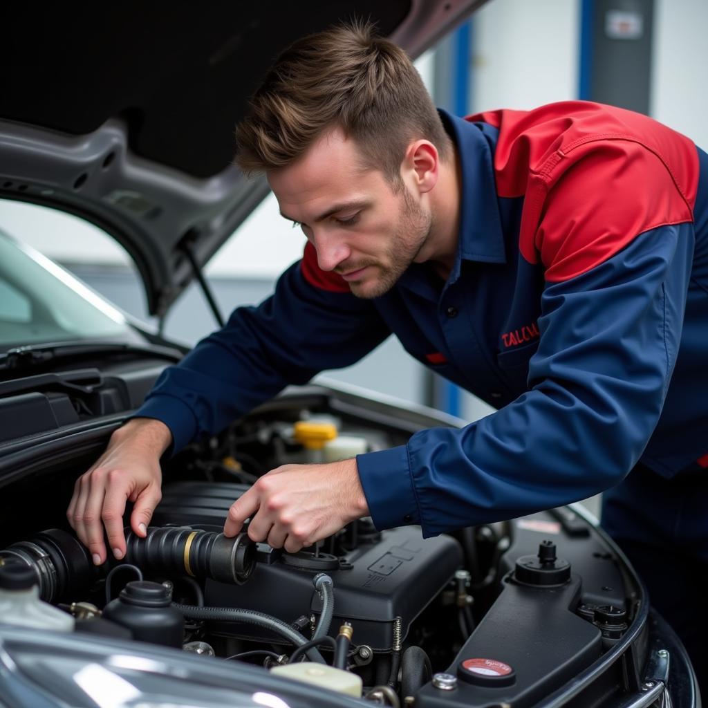 Mechanic Inspecting Engine for P0010 Code