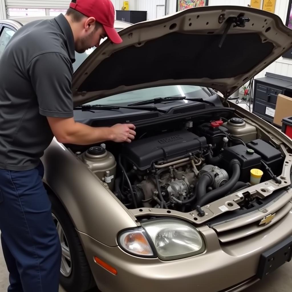 Mechanic Inspecting Engine of a 2003 Chevy Cavalier