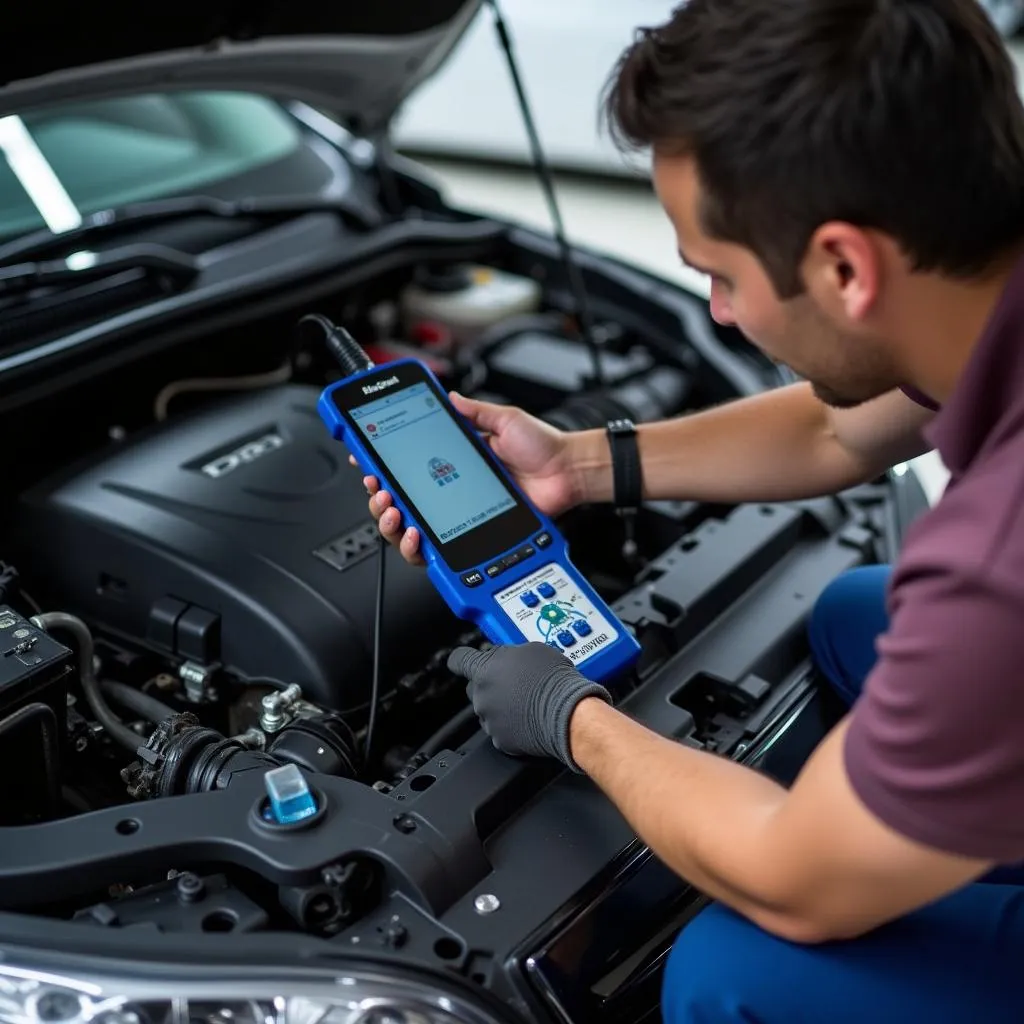 Mechanic Inspecting Engine with OBD2 Scanner