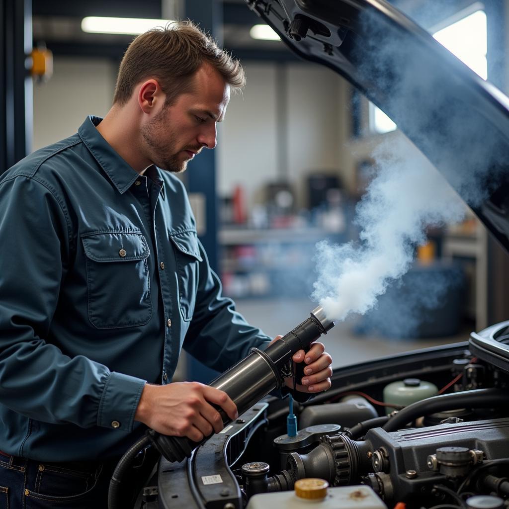 Mechanic Inspecting EVAP System with Smoke Machine