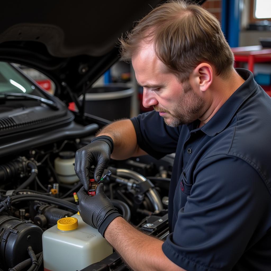 Mechanic inspecting F150 park aid system wiring