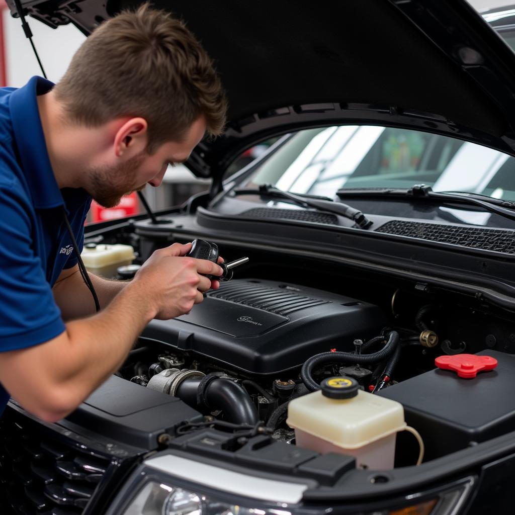 Mechanic Inspecting a Ford Explorer Sport Engine