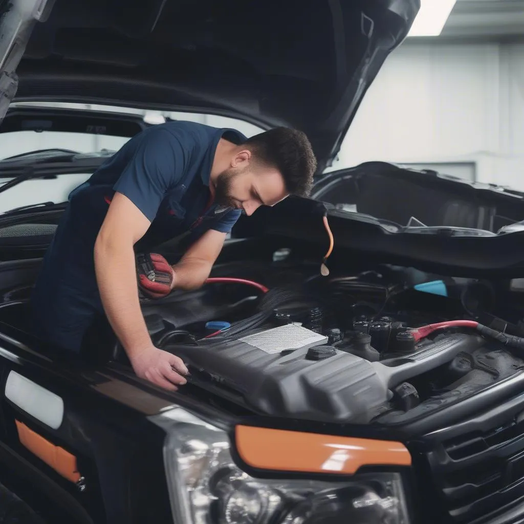 Mechanic Inspecting GMC Engine