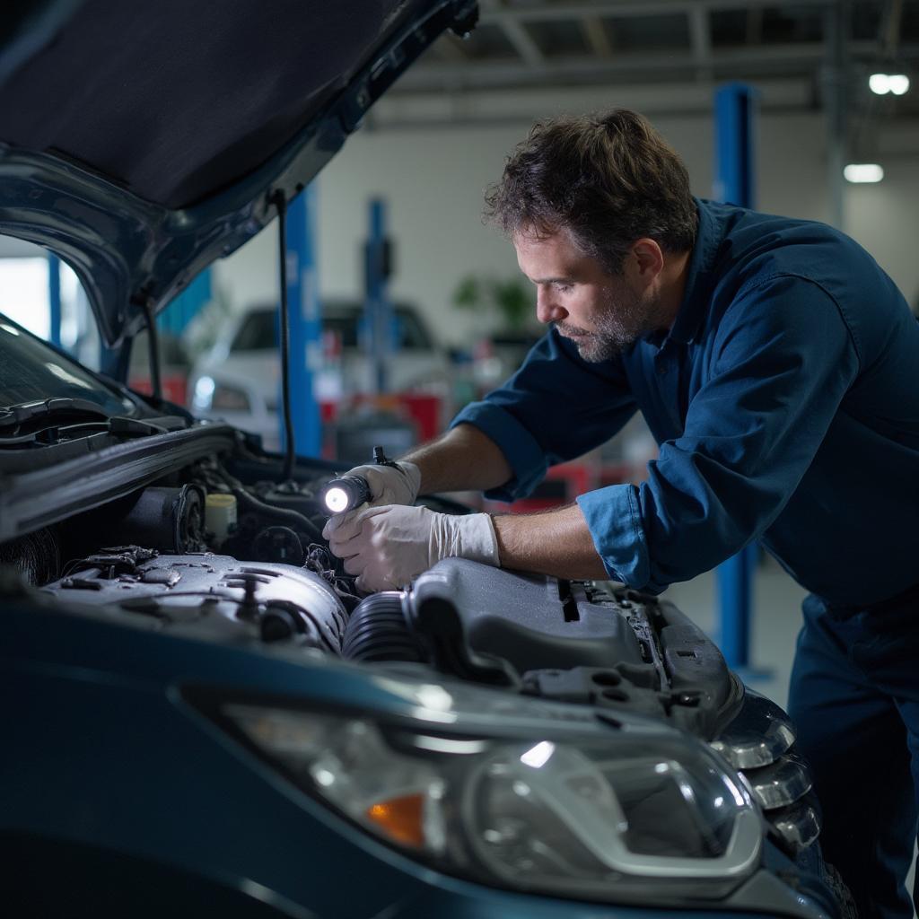 Mechanic Inspecting Honda Engine for ECU Error Code Issues